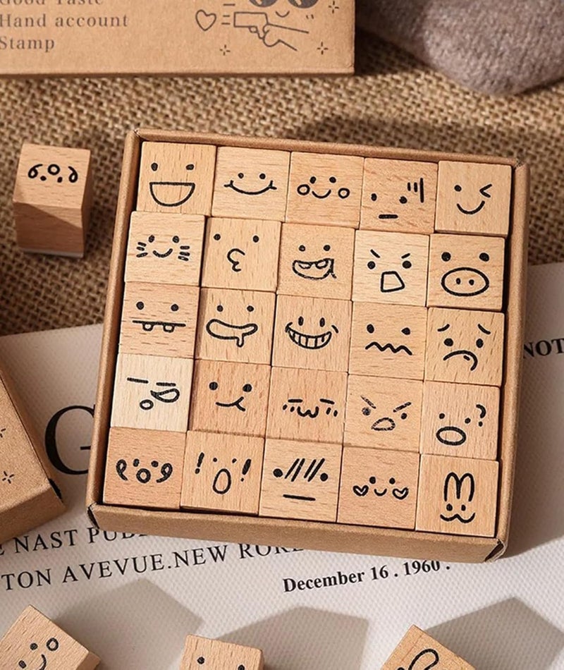 ZMLSED 25pcs Mood Expression Wooden Rubber Stamps Kit, Cute Small Emoticon Theme Stamps for Decorative Diary Planner DIY Craft Scrapbook Card Making Letters Journal - Image 2
